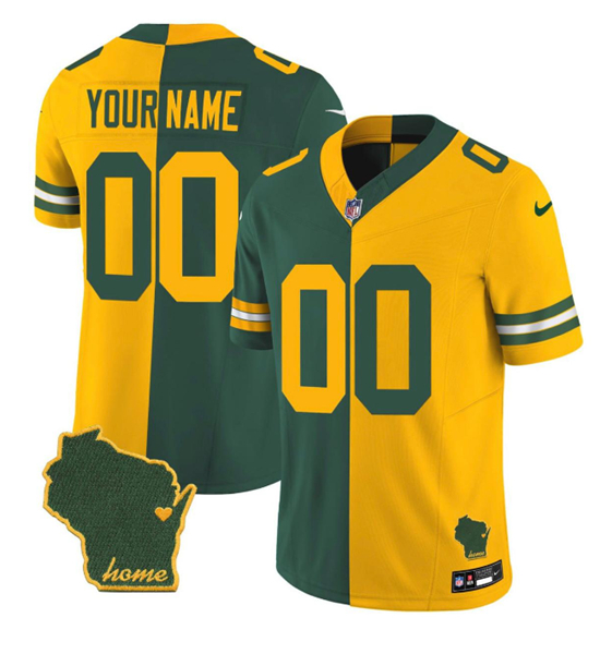 Men's Green Bay Packers Customized Gold/Green Split 2023 F.U.S.E. Home Patch Vapor Untouchable Limited Stitched Football Jersey